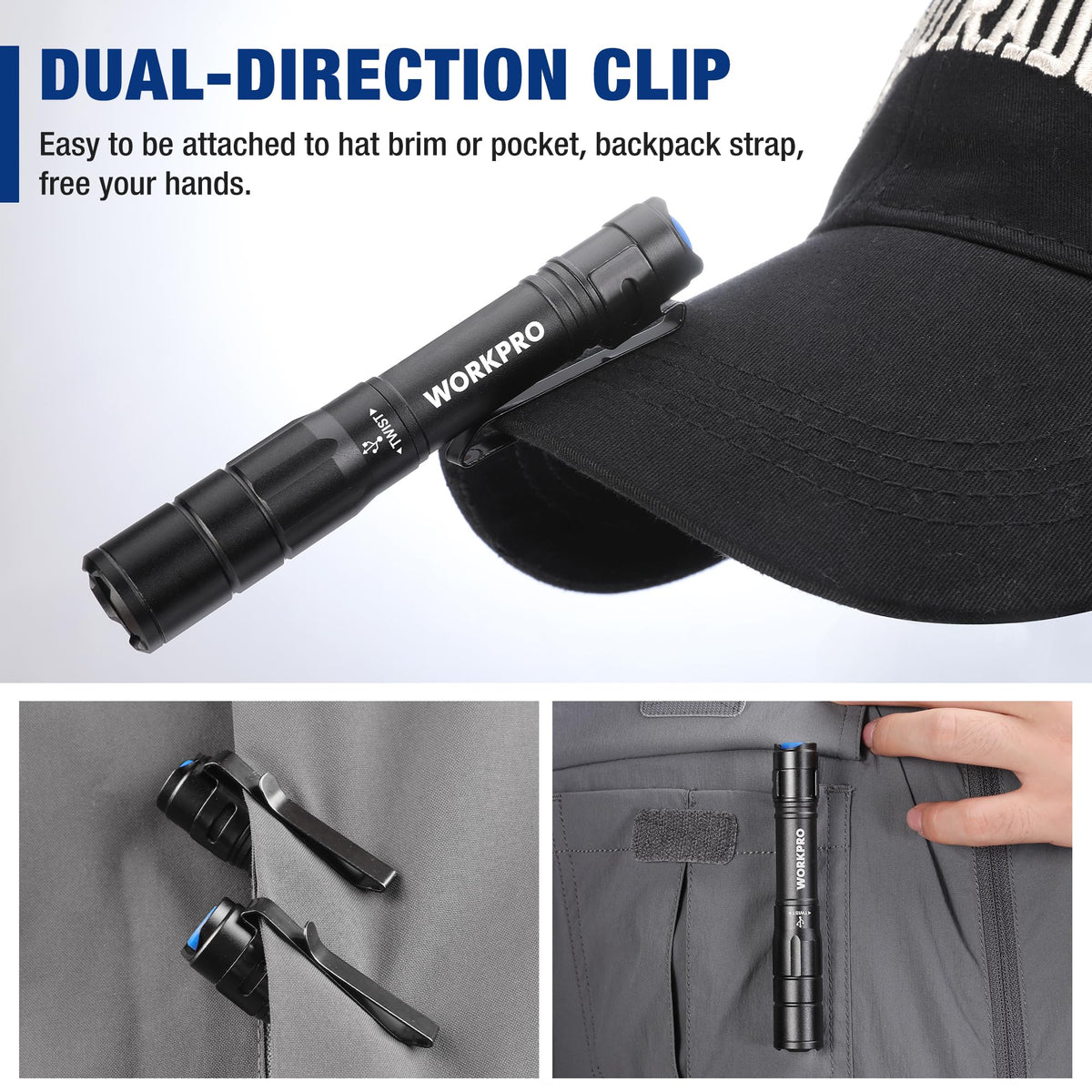 WORKPRO Rechargeable Pen Light Duo Pack – Ultra-Compact 300 Lumen LED Flashlight with USB-C, Clip & Memory