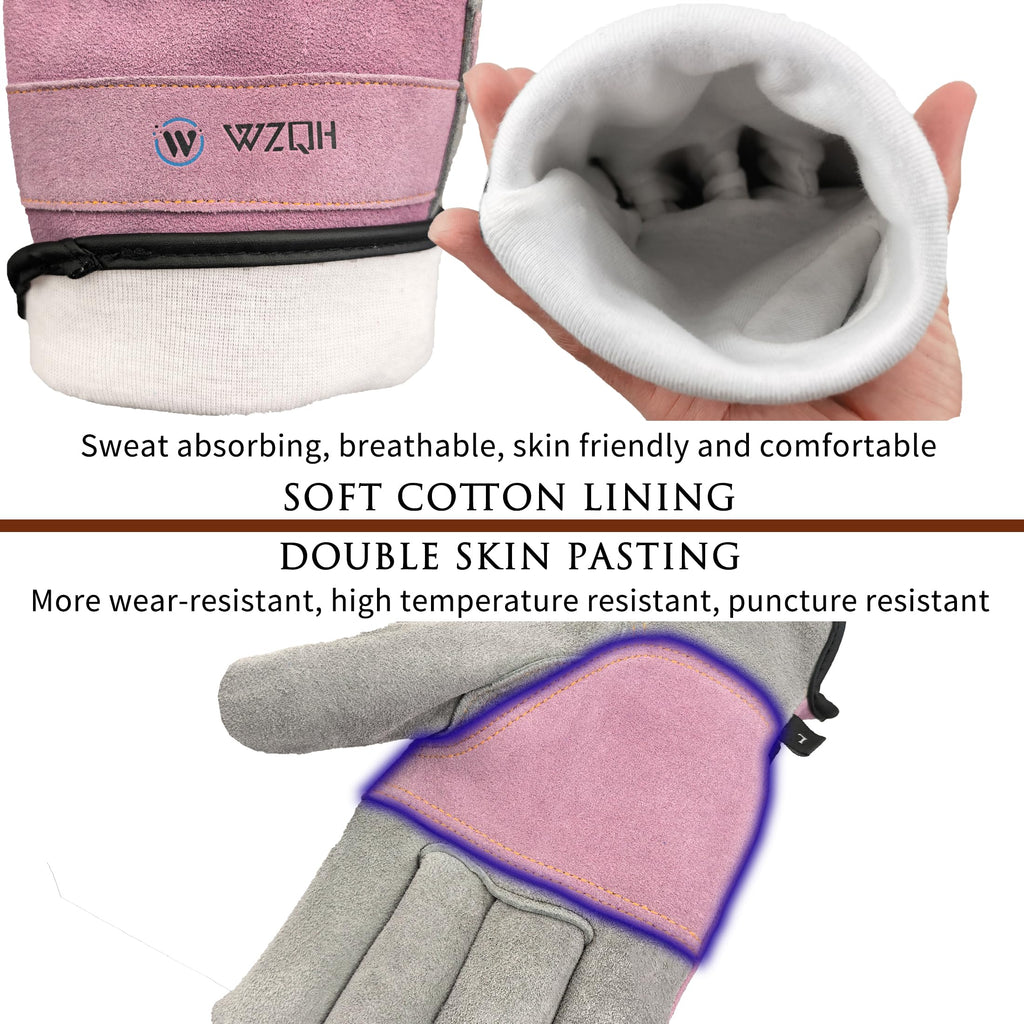 WZQH Leather Work Gloves – Pink-Grey, Medium | Durable Cowhide, Cotton Lined, Firm Grip