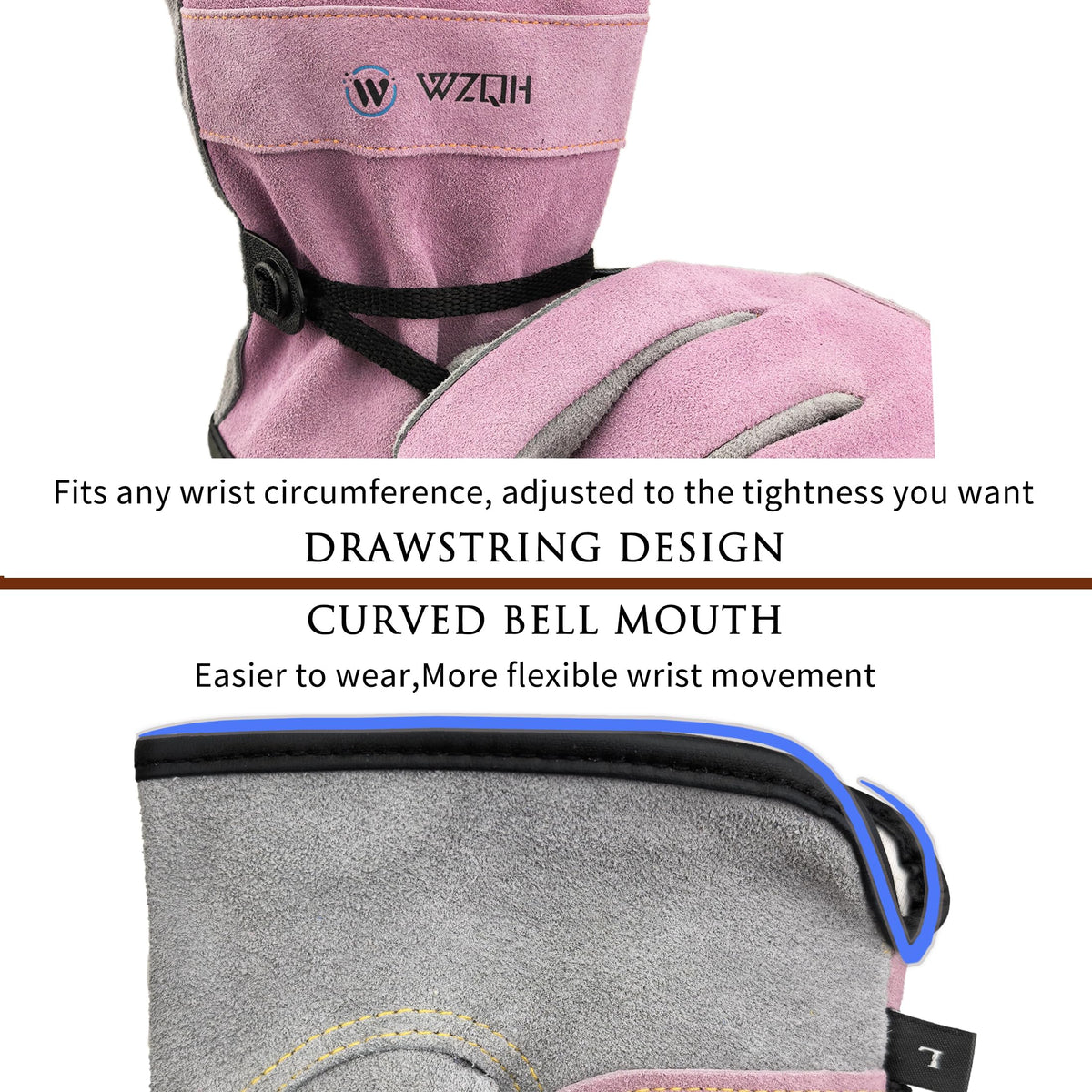 WZQH Leather Work Gloves – Pink-Grey, Medium | Durable Cowhide, Cotton Lined, Firm Grip