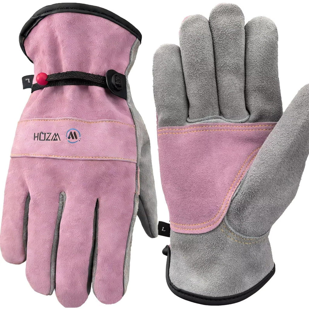 WZQH Leather Work Gloves – Pink-Grey, Medium | Durable Cowhide, Cotton Lined, Firm Grip