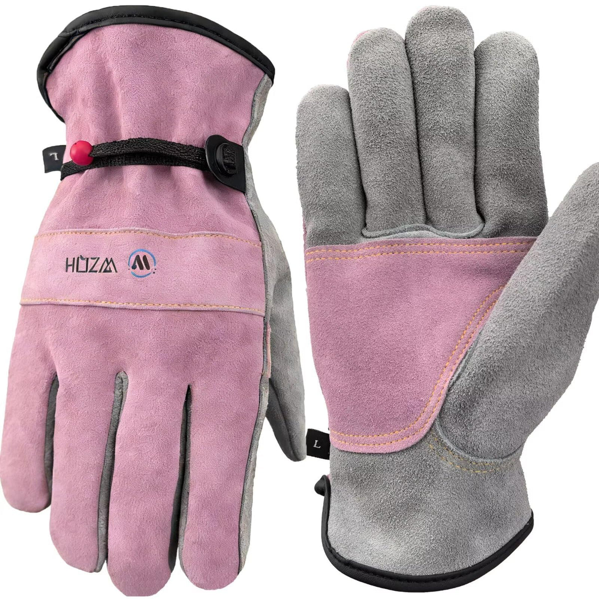 WZQH Leather Work Gloves – Pink-Grey, Medium | Durable Cowhide, Cotton Lined, Firm Grip