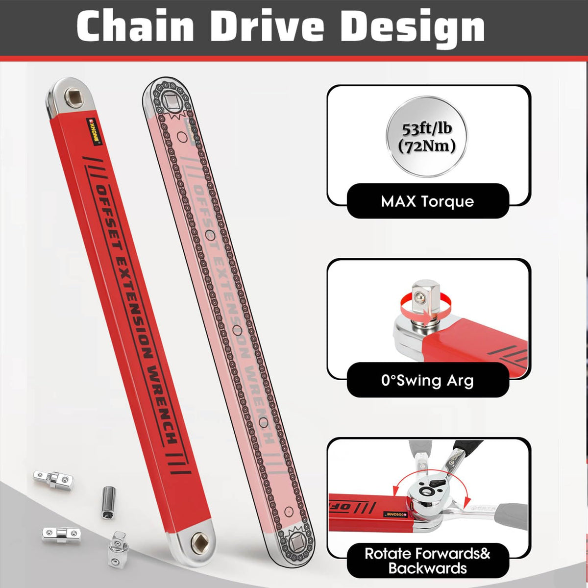 XKONE Offset Extension Wrench – Zero-Degree Swing for Tight Spaces, 3/8 inch Drive with 1/4, 3/8, 1/2 inch Adapters and 1/4 Inch Socket
