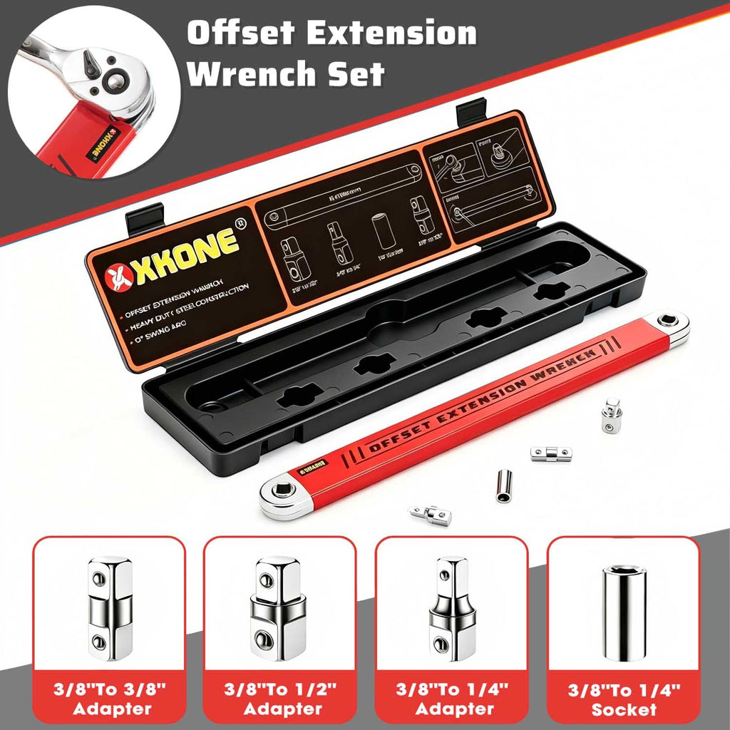 XKONE Offset Extension Wrench – Zero-Degree Swing for Tight Spaces, 3/8 inch Drive with 1/4, 3/8, 1/2 inch Adapters and 1/4 Inch Socket