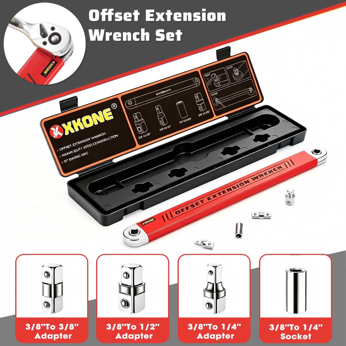 XKONE Offset Extension Wrench – Zero-Degree Swing for Tight Spaces, 3/8 inch Drive with 1/4, 3/8, 1/2 inch Adapters and 1/4 Inch Socket