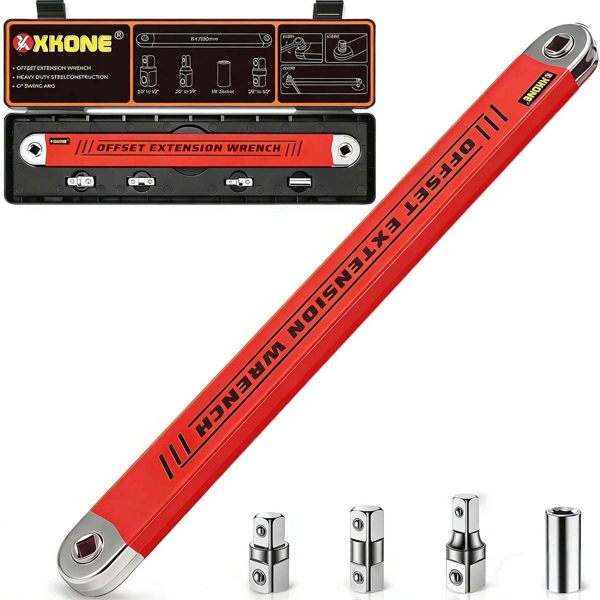 XKONE Offset Extension Wrench – Zero-Degree Swing for Tight Spaces, 3/8 inch Drive with 1/4, 3/8, 1/2 inch Adapters and 1/4 Inch Socket