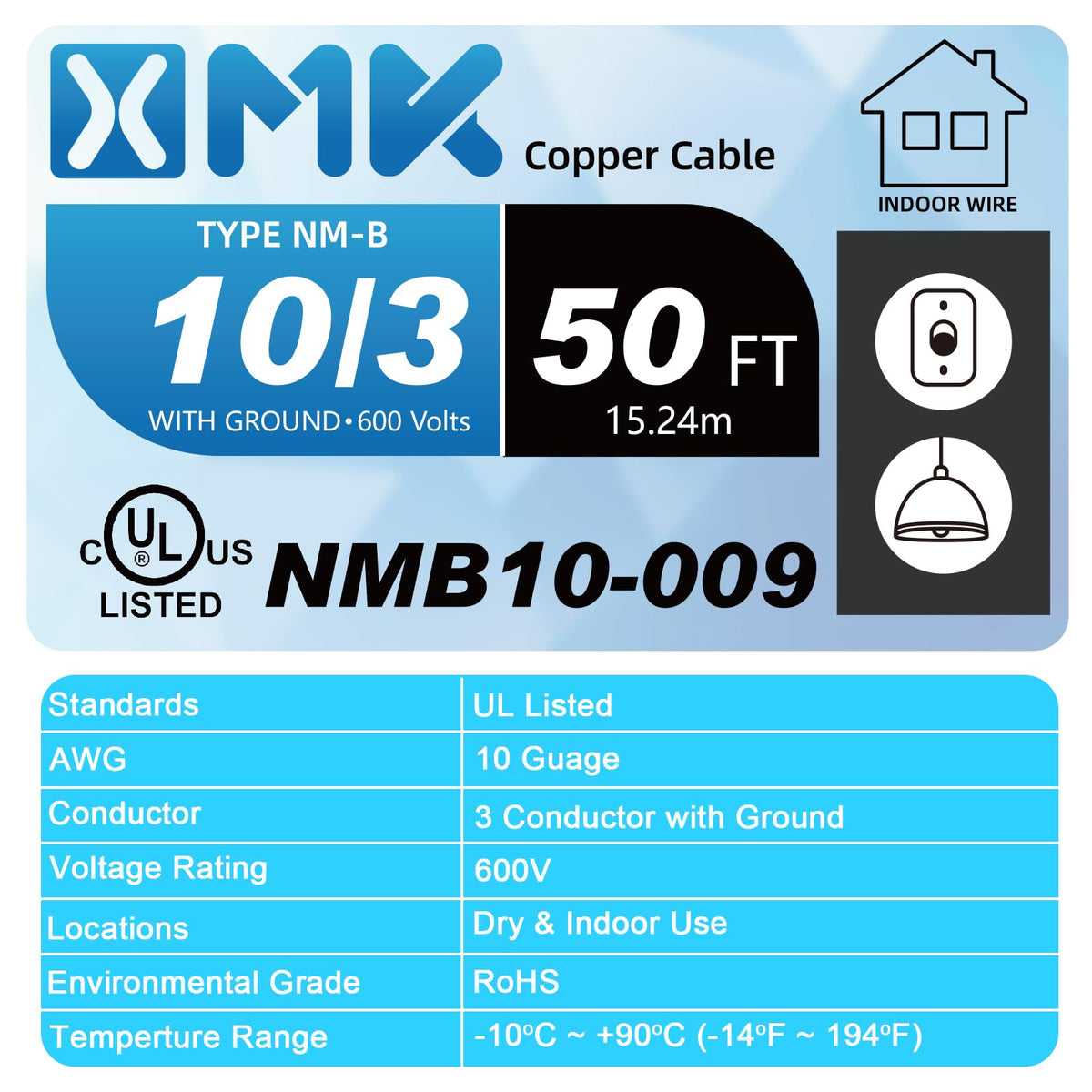 XMK NM-B 10/3 Wire with Ground, 50 ft – 10 AWG Copper, 3-Conductor Indoor NM-B Cable