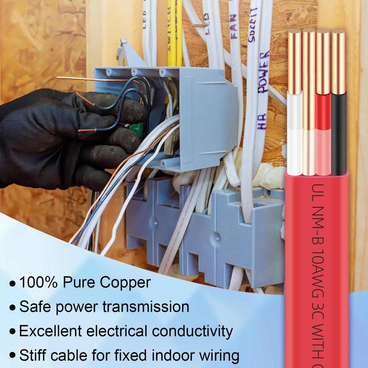 XMK NM-B 10/3 Wire with Ground, 50 ft – 10 AWG Copper, 3-Conductor Indoor NM-B Cable