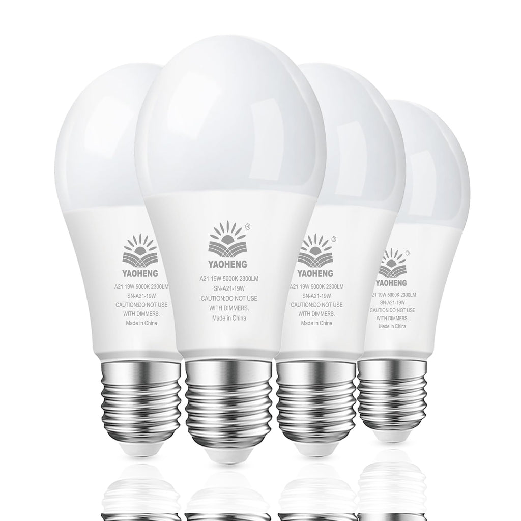 YAOHENG A21 LED Light Bulb – 19W, 2300 Lumens, 5000K Daylight, 150W Equivalent, E26, ETL Listed, Non-Dimmable, 4-Pack