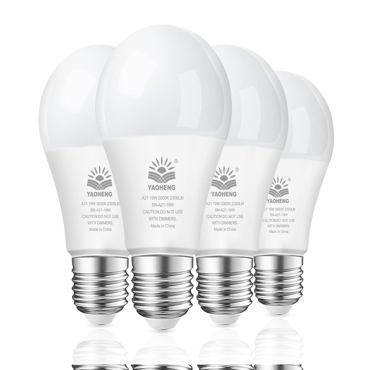 YAOHENG A21 LED Light Bulb – 19W, 2300 Lumens, 5000K Daylight, 150W Equivalent, E26, ETL Listed, Non-Dimmable, 4-Pack