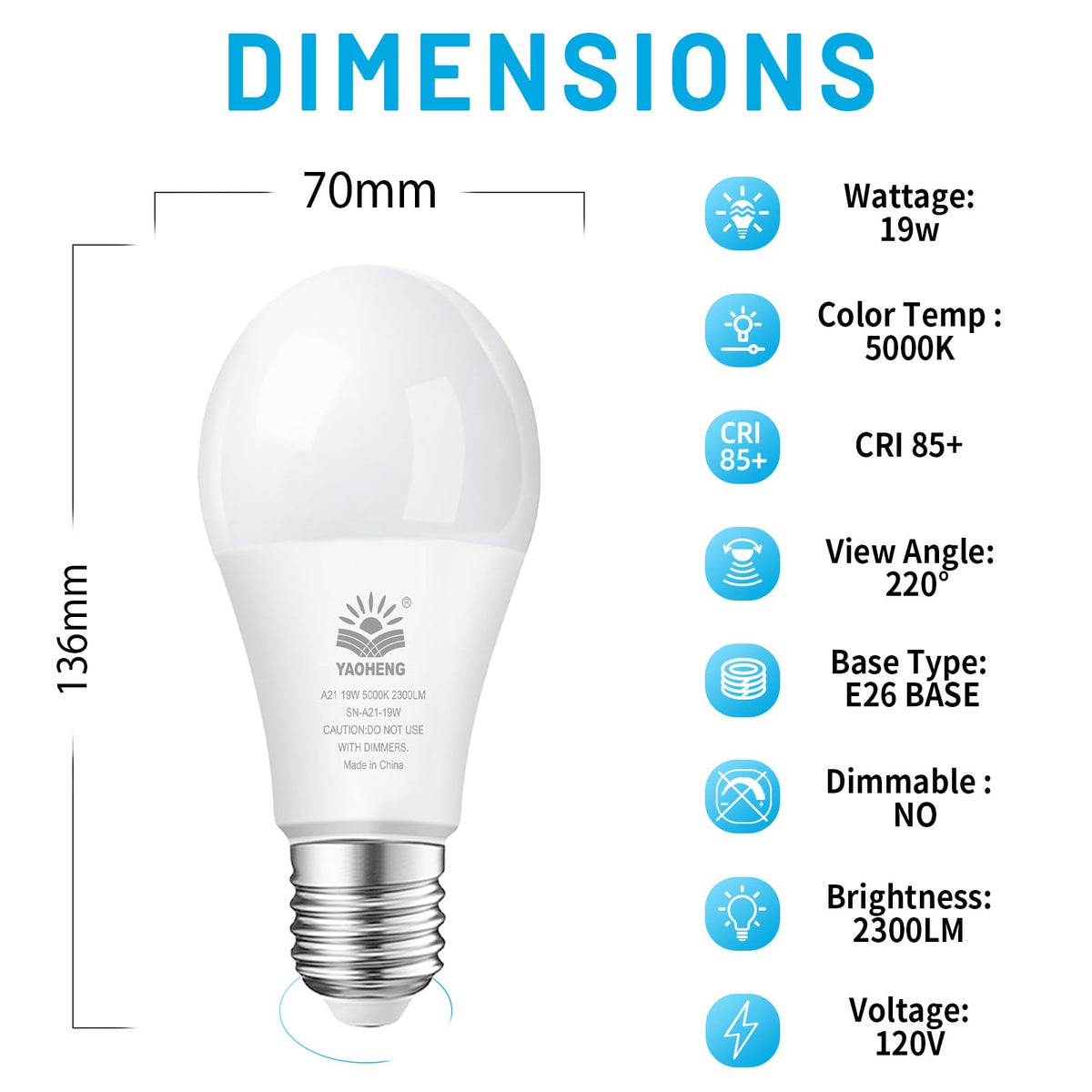 YAOHENG A21 LED Light Bulb – 19W, 2300 Lumens, 5000K Daylight, 150W Equivalent, E26, ETL Listed, Non-Dimmable, 4-Pack