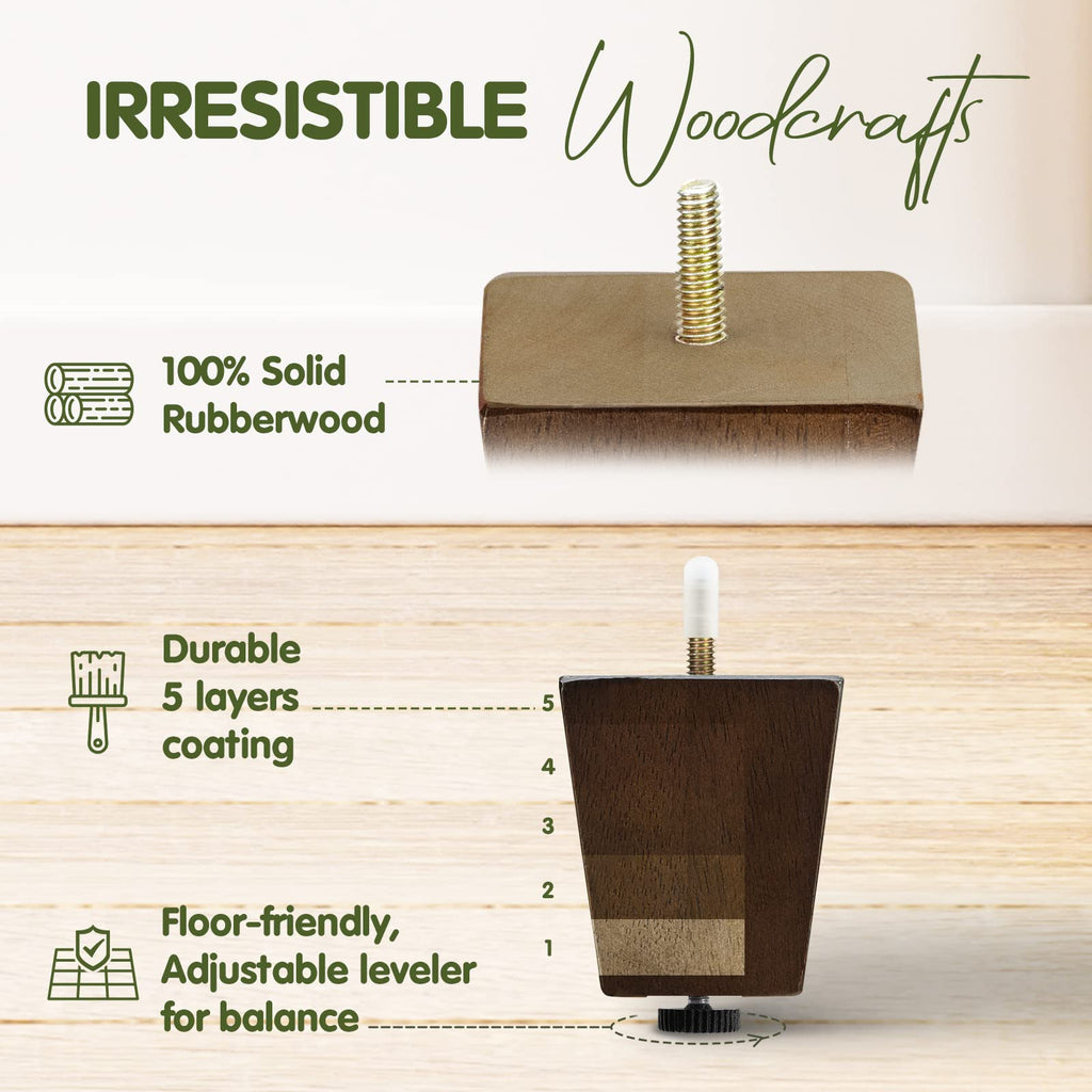 Yes4All 3-Inch Square Wood Furniture Legs – Set of 4 with Levelers (Brown Walnut)