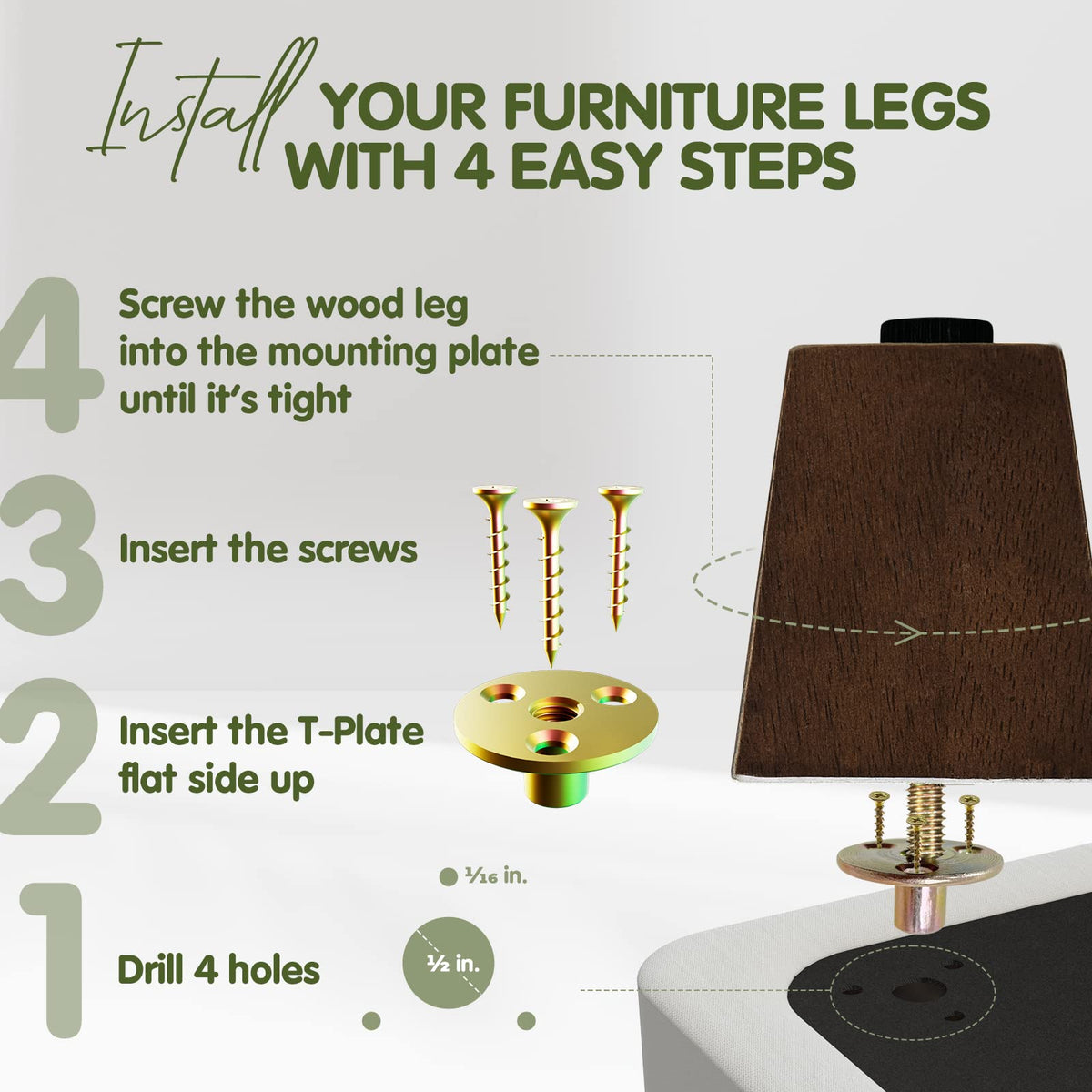 Yes4All 3-Inch Square Wood Furniture Legs – Set of 4 with Levelers (Brown Walnut)