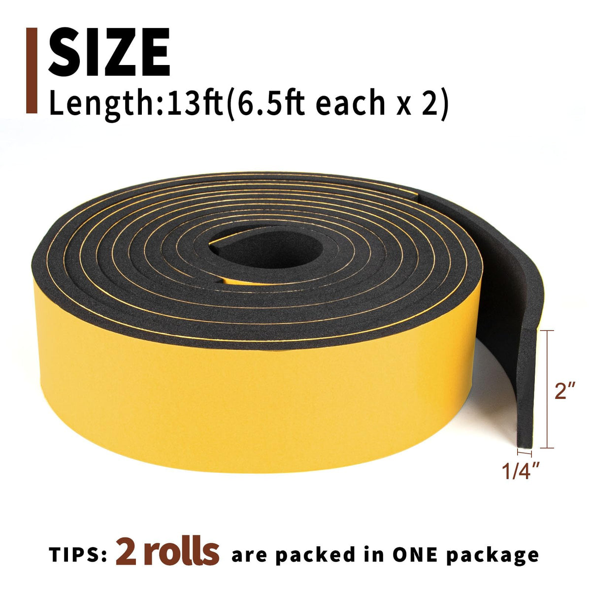 Yotache High Density Adhesive Foam Seal Tape — 2 Rolls, 2in x 1/4in, 13 ft Total Weather Stripping
