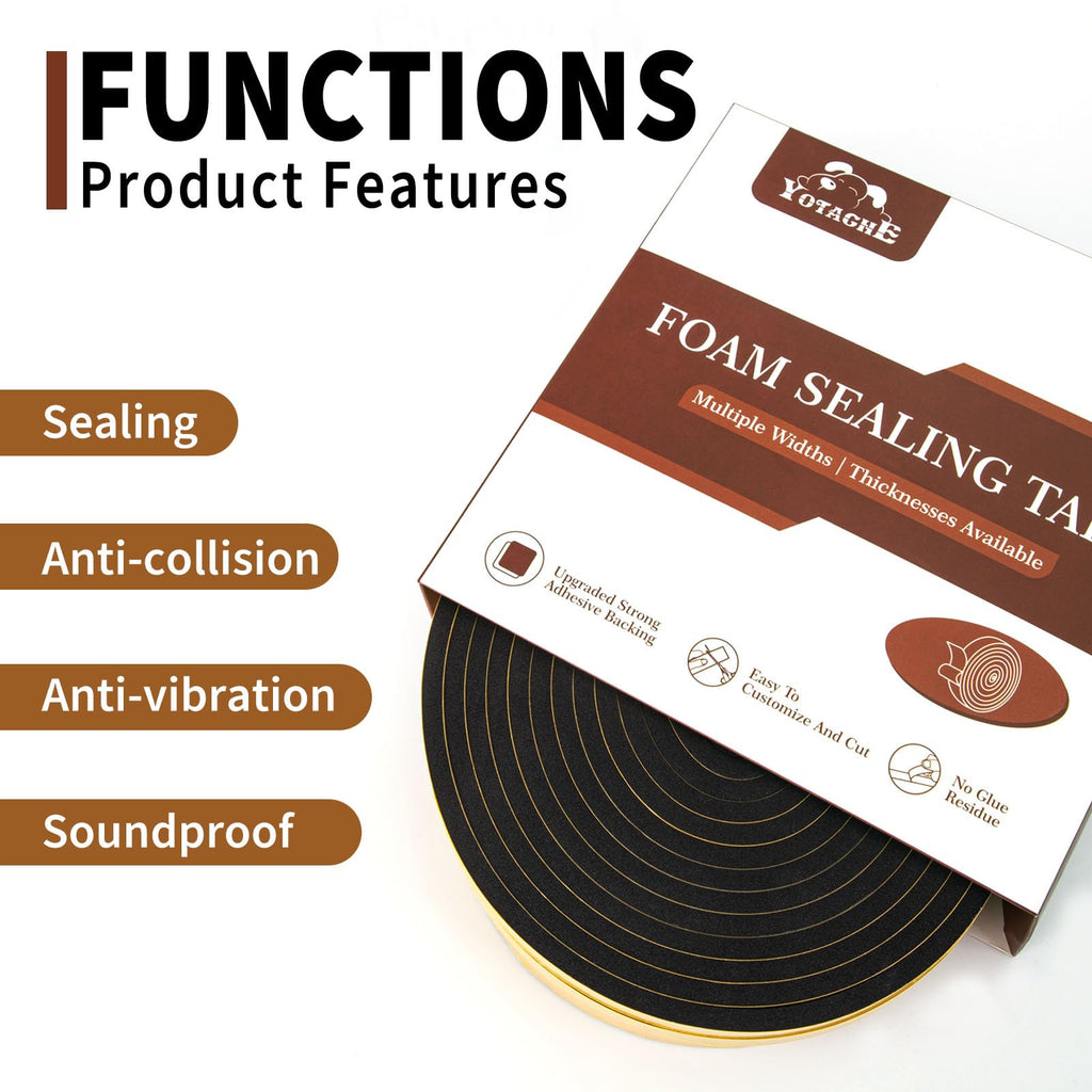 Yotache High Density Adhesive Foam Seal Tape — 2 Rolls, 2in x 1/4in, 13 ft Total Weather Stripping