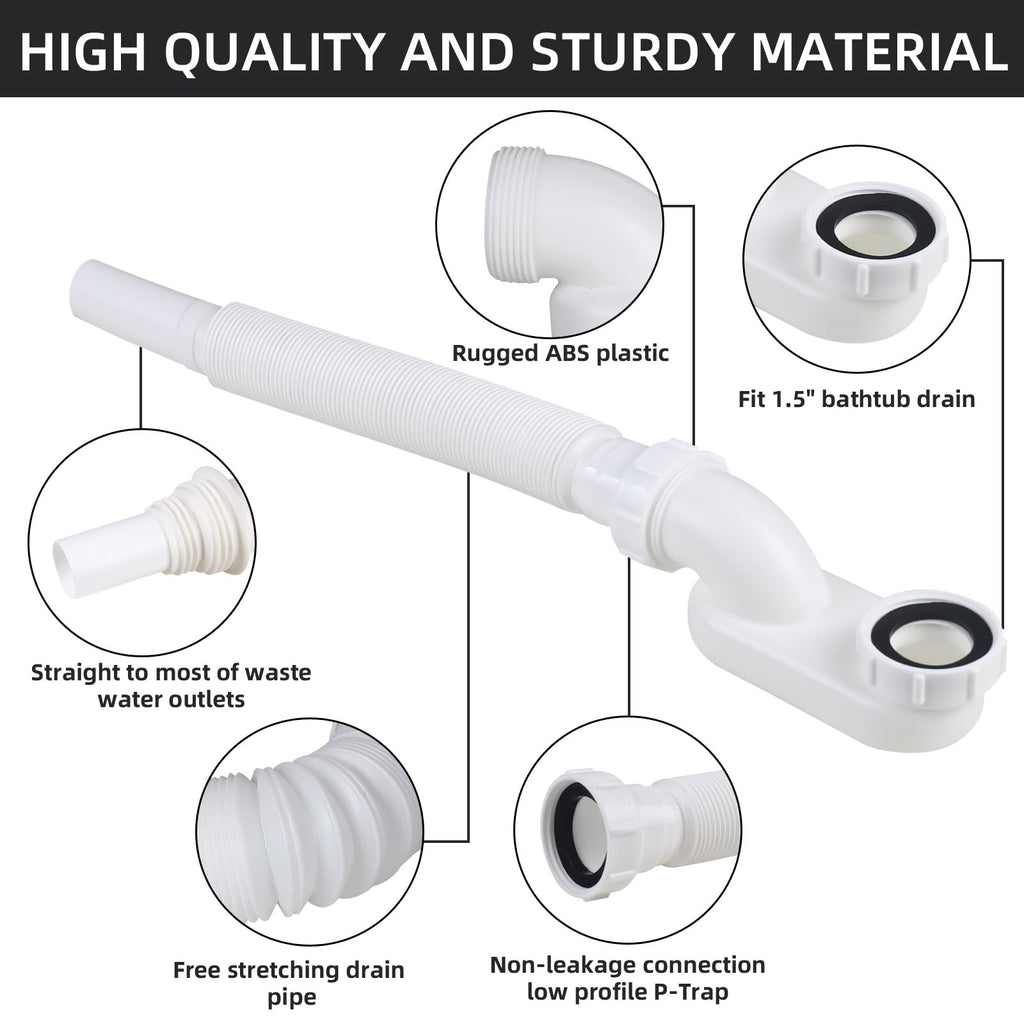 YYinno Flexible Bathtub Drain Pipe – Low-Profile 1-1/2 in Flat P-Trap for Freestanding Tubs