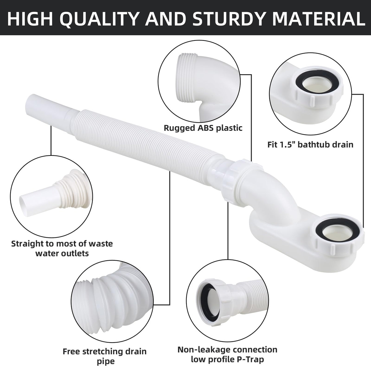 YYinno Flexible Bathtub Drain Pipe – Low-Profile 1-1/2 in Flat P-Trap for Freestanding Tubs