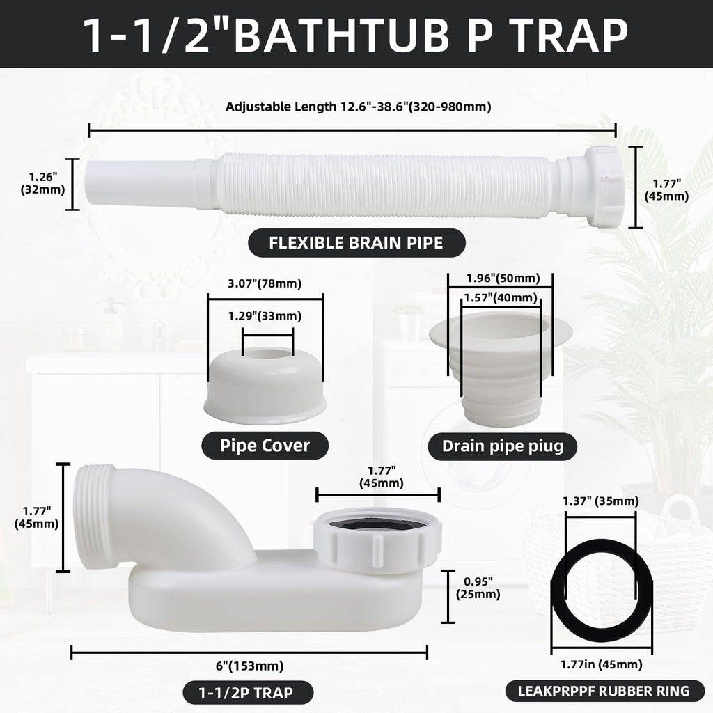 YYinno Flexible Bathtub Drain Pipe – Low-Profile 1-1/2 in Flat P-Trap for Freestanding Tubs