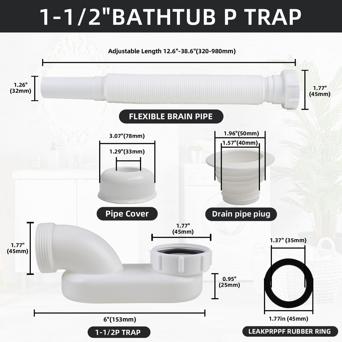 YYinno Flexible Bathtub Drain Pipe – Low-Profile 1-1/2 in Flat P-Trap for Freestanding Tubs