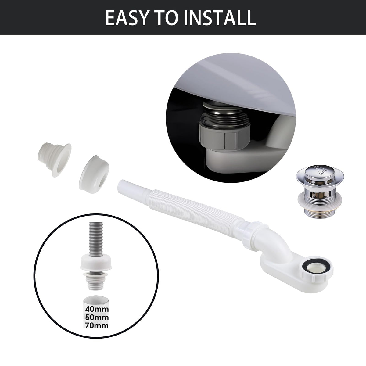 YYinno Flexible Bathtub Drain Pipe – Low-Profile 1-1/2 in Flat P-Trap for Freestanding Tubs