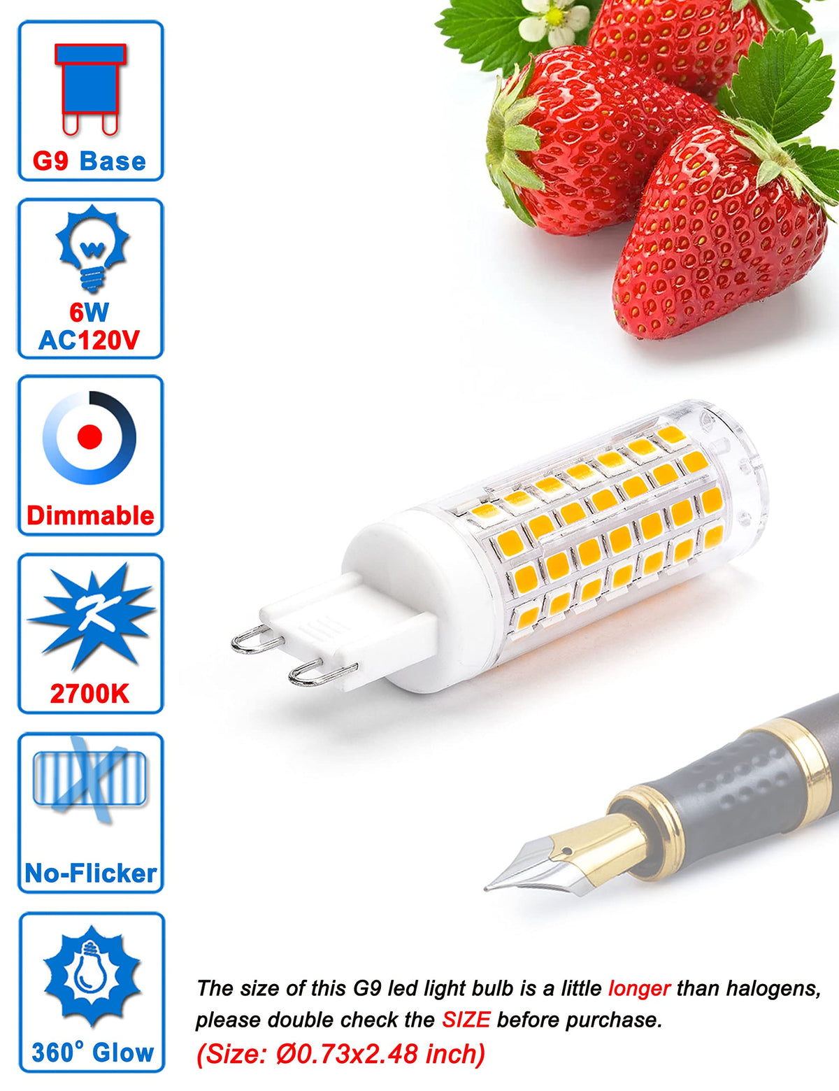 Ziomitus No Flicker G9 LED Bulbs 6W Dimmable 2700K, 600LM, 360° | AC120V, 5-Pack