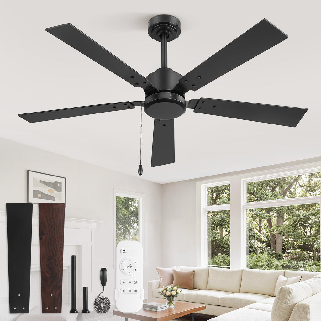 ZMISHIBO 52-Inch No-Light Ceiling Fan — 6-Speed Quiet DC Motor, Remote & Pull Chain, Black
