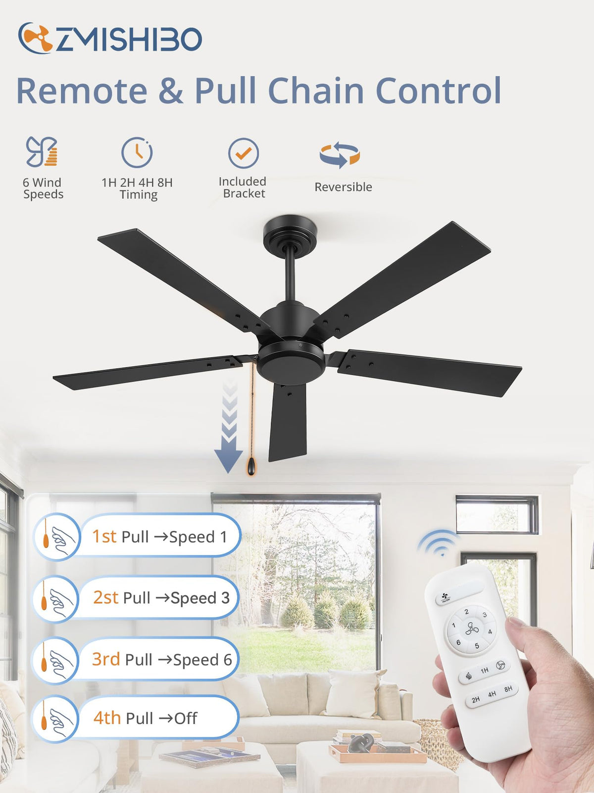 ZMISHIBO 52-Inch No-Light Ceiling Fan — 6-Speed Quiet DC Motor, Remote & Pull Chain, Black