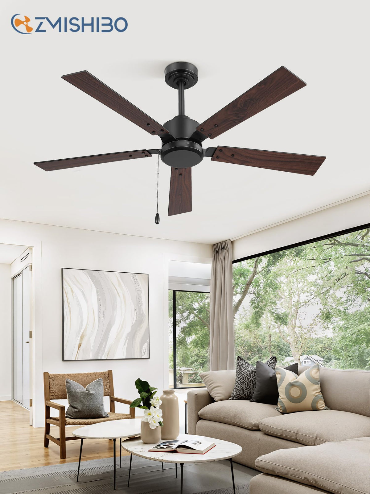 ZMISHIBO 52-Inch No-Light Ceiling Fan — 6-Speed Quiet DC Motor, Remote & Pull Chain, Black