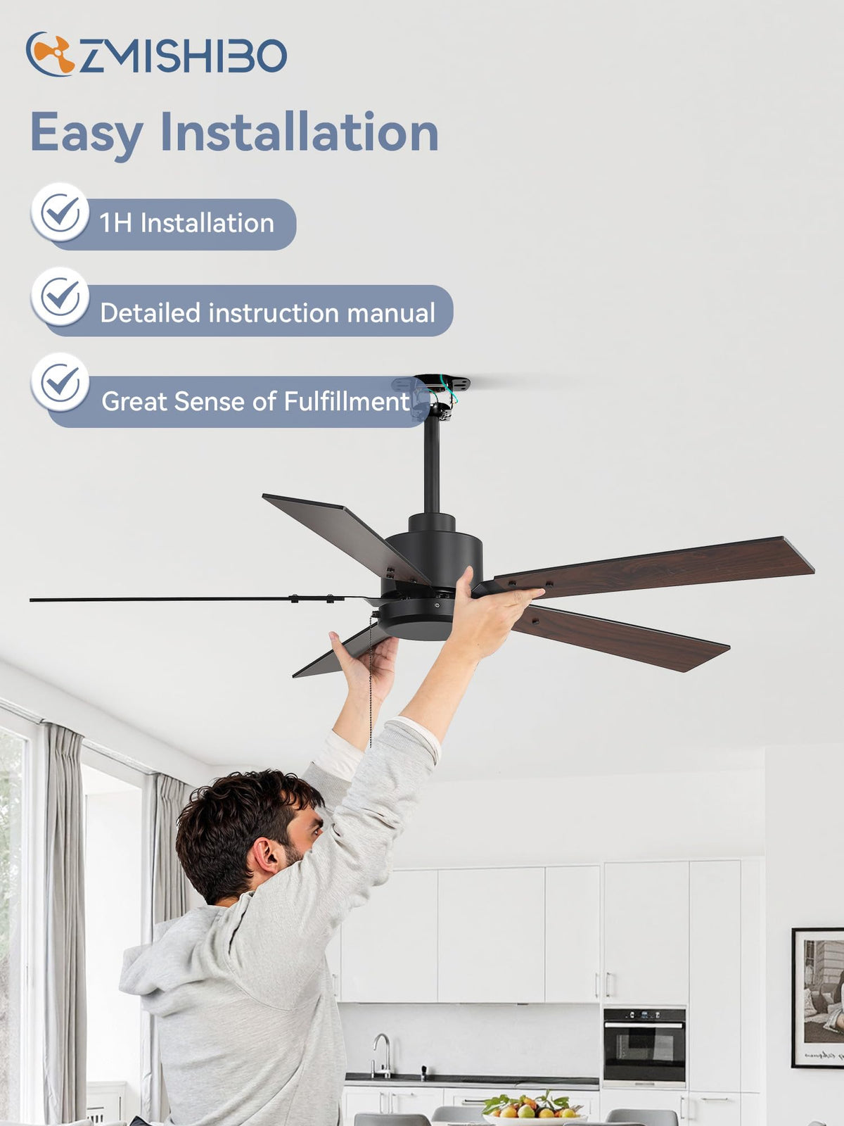 ZMISHIBO 52-Inch No-Light Ceiling Fan — 6-Speed Quiet DC Motor, Remote & Pull Chain, Black