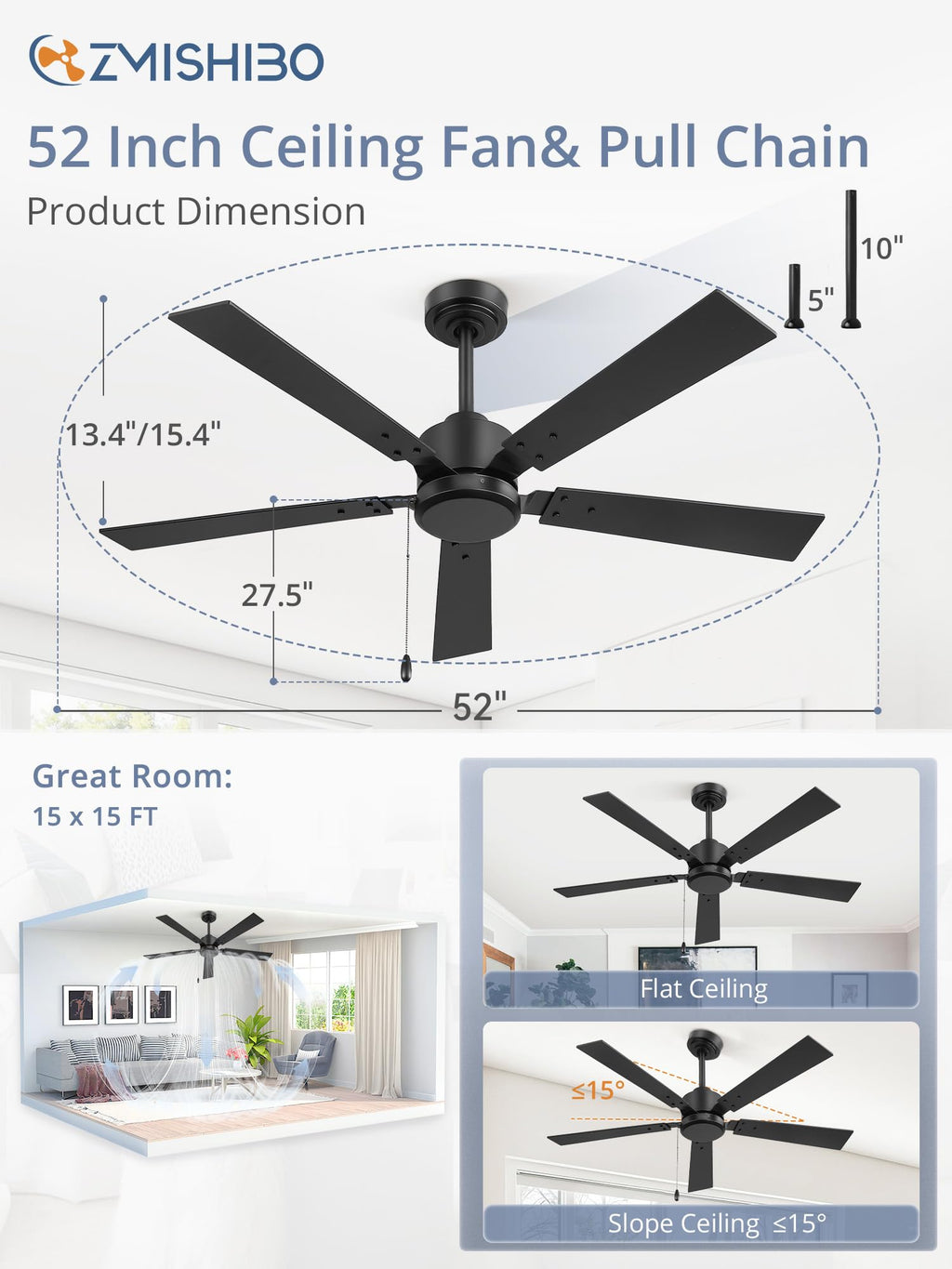 ZMISHIBO 52-Inch No-Light Ceiling Fan — 6-Speed Quiet DC Motor, Remote & Pull Chain, Black