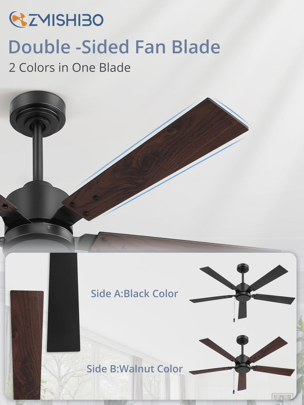 ZMISHIBO 52-Inch No-Light Ceiling Fan — 6-Speed Quiet DC Motor, Remote & Pull Chain, Black