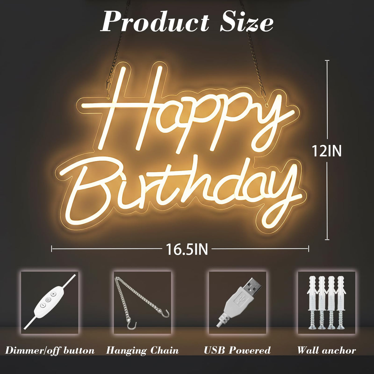 Zontruxe Happy Birthday Neon Sign – USB Powered Dimmable LED Backdrop (16.5 x 12 in)