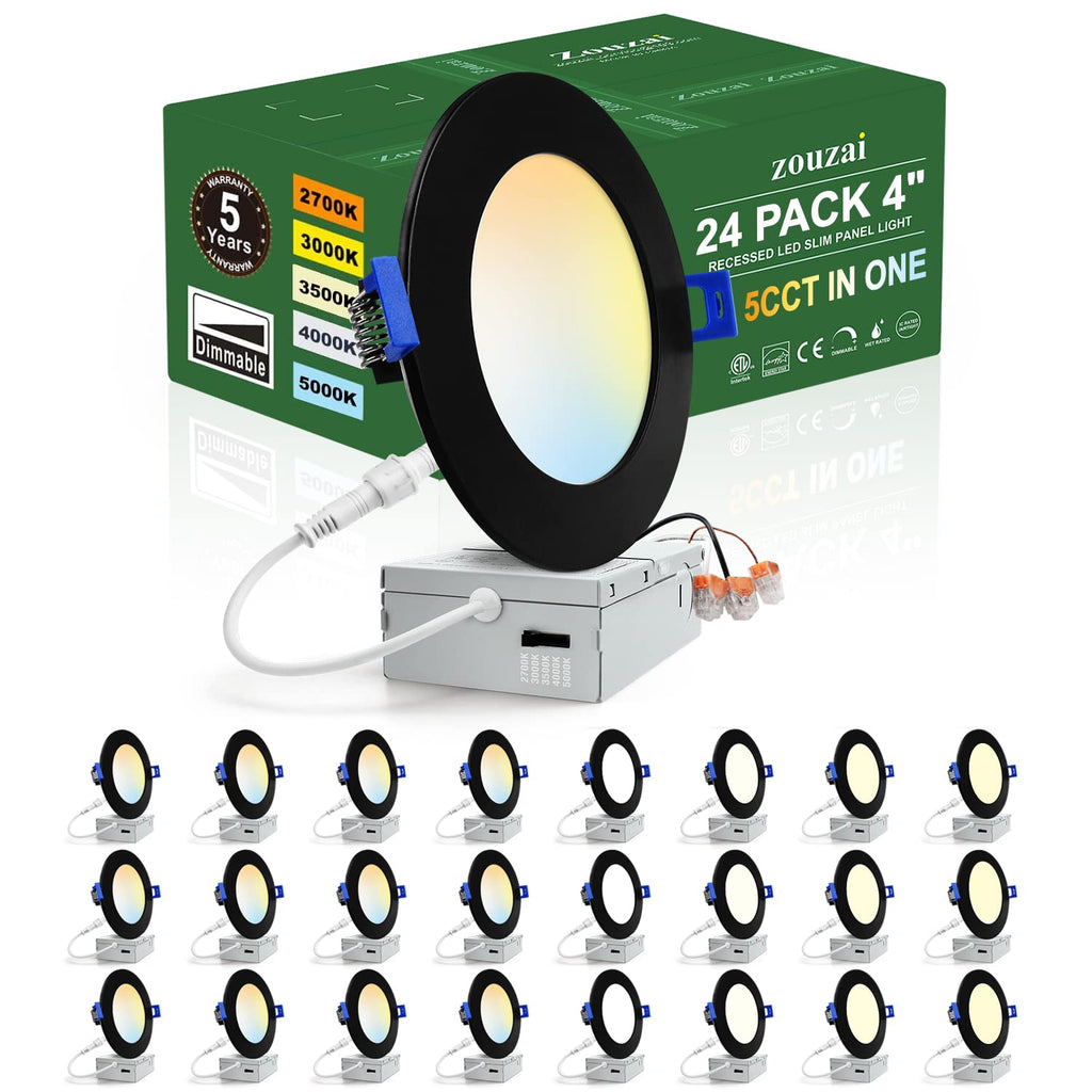 Zouzai 24-Pack 4-Inch Black LED Recessed Lights – 5CCT Dimmable 9W, IC Rated, ETL & Energy Star