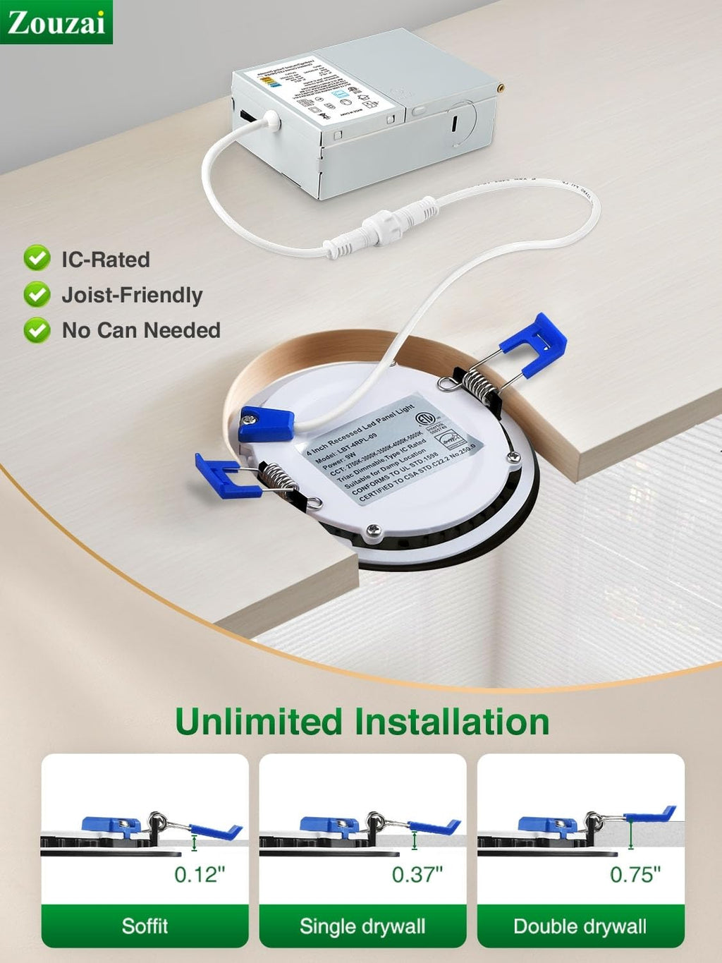 Zouzai 24-Pack 4-Inch Black LED Recessed Lights – 5CCT Dimmable 9W, IC Rated, ETL & Energy Star