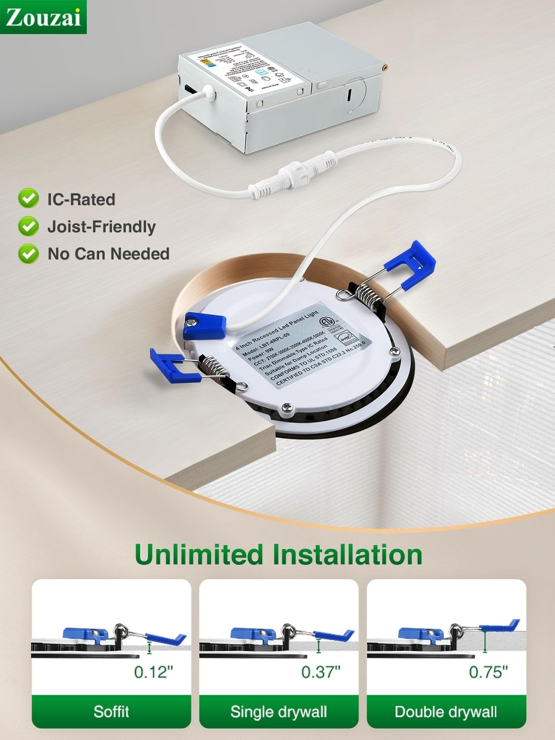 Zouzai 24-Pack 4-Inch Black LED Recessed Lights – 5CCT Dimmable 9W, IC Rated, ETL & Energy Star