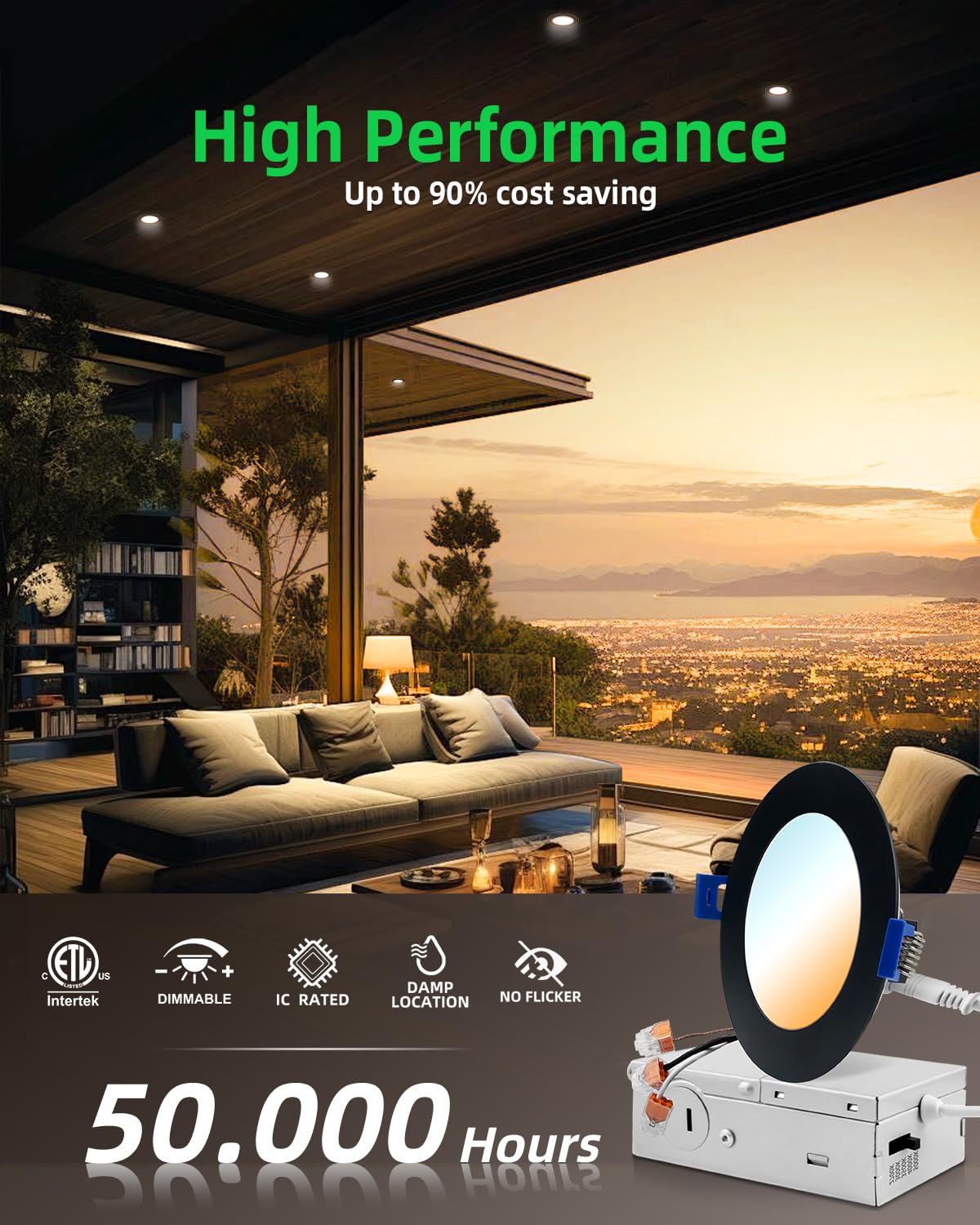 Zouzai 24-Pack 4-Inch Black LED Recessed Lights – 5CCT Dimmable 9W, IC Rated, ETL & Energy Star